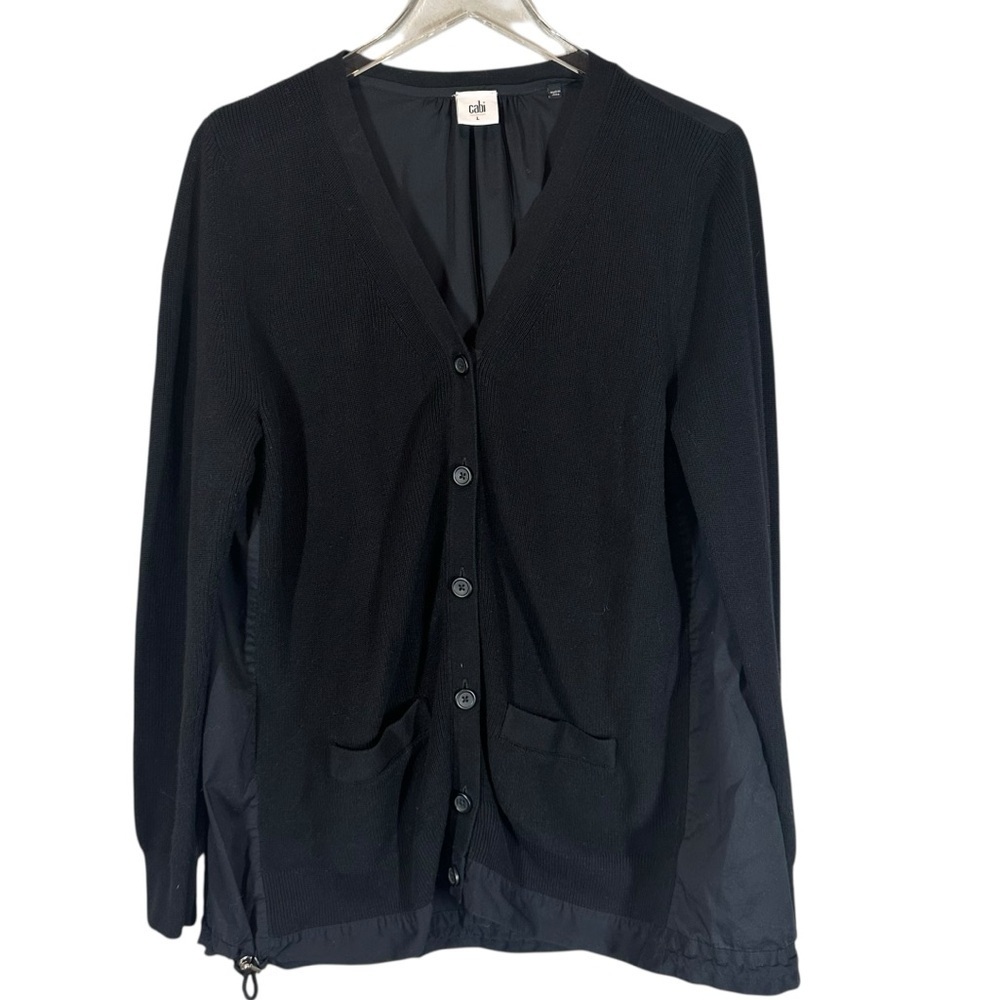 CABI Women's Large #5143 Windbreaker Black Multi-Media V-Neck Cardigan Sweater